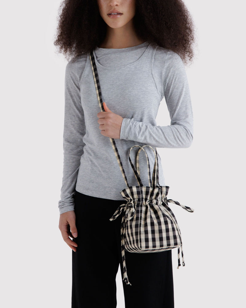 BAGGU Wholesale  Nylon Drawstring Bag - Black and Cream Gingham
