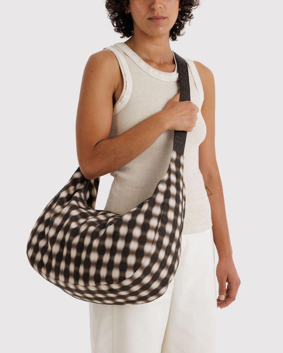 BAGGU Wholesale Cross Body Large Nylon Crescent Bag - Blurred Gingham Brown