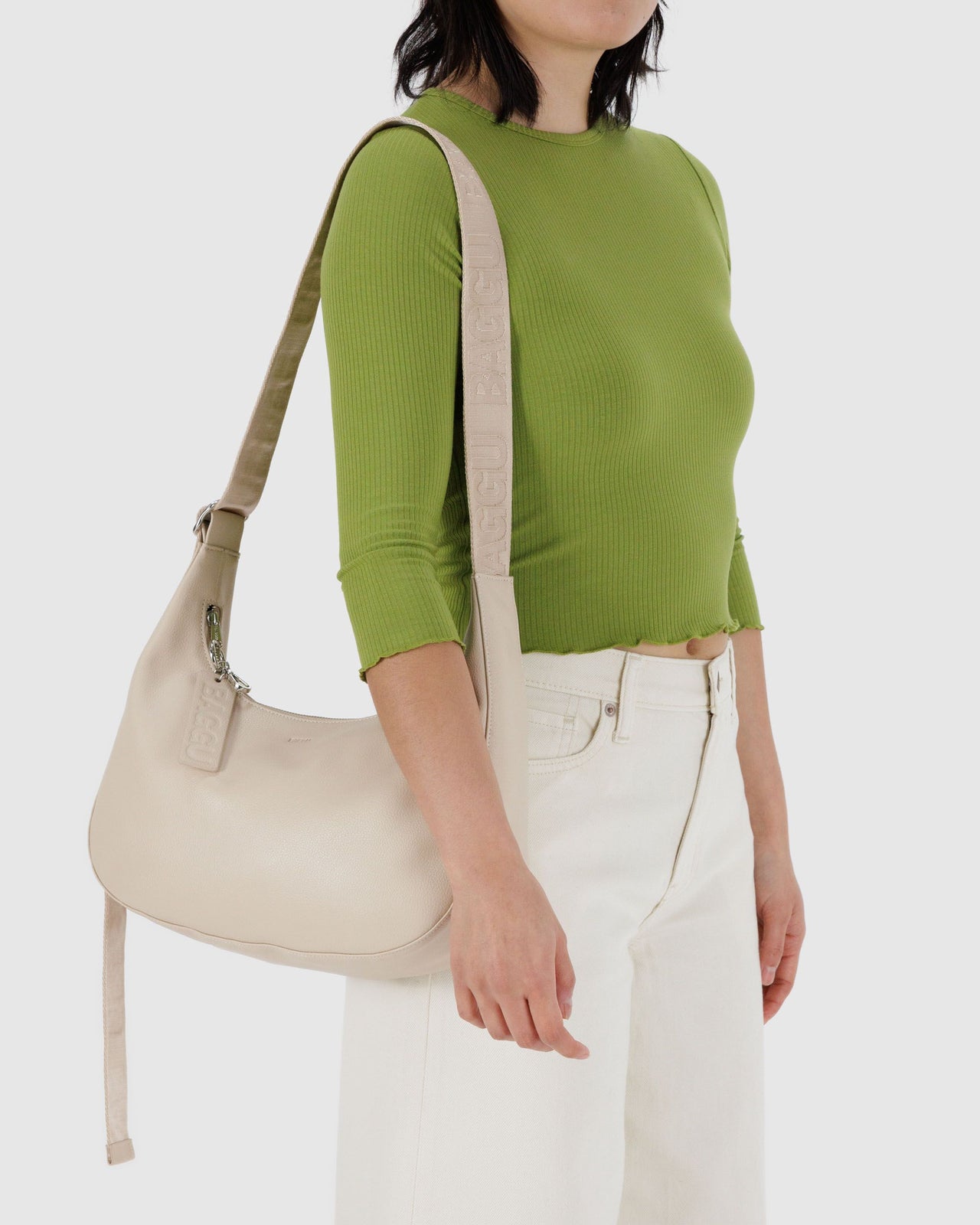 Medium Recycled Leather Crescent Bag - Stone