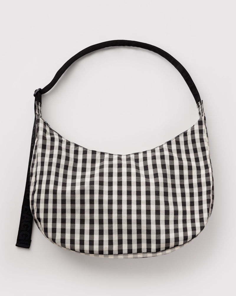 BAGGU Wholesale  Large Nylon Crescent Bag - Black and Cream Gingham