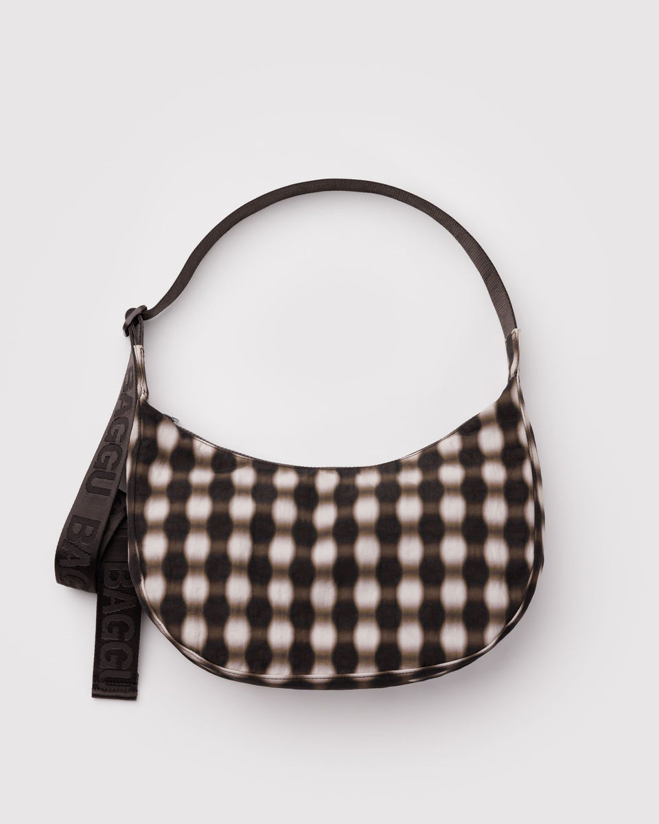 BAGGU Wholesale Cross Body Medium Nylon Crescent Bag - Blurred Gingham Brown